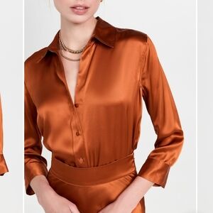 L'AGENCE 100% Silk Satin Rich Copper Button Dani 3/4 Sleeve Blouse NWOT Shirt S